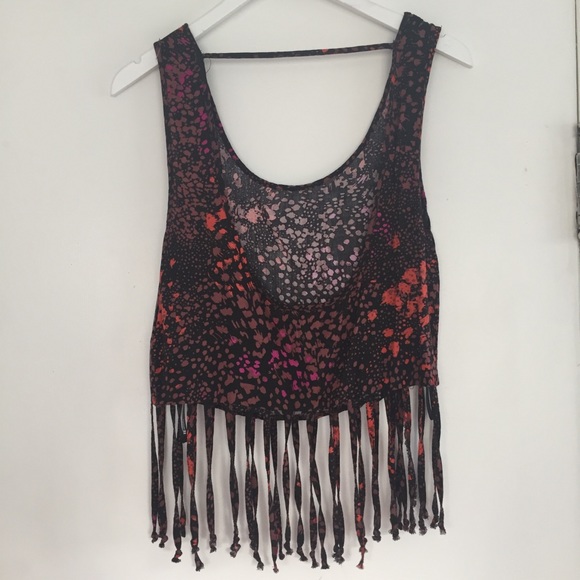 Neon Paint Splattered Crop Top with Fringe - Picture 2 of 5
